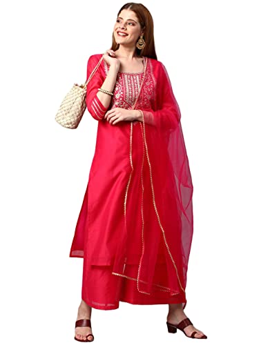 Image of GoSriKi Women's Cotton Blend Solid Straight Kurta with Palazzos & Dupatta (DHARAN)
