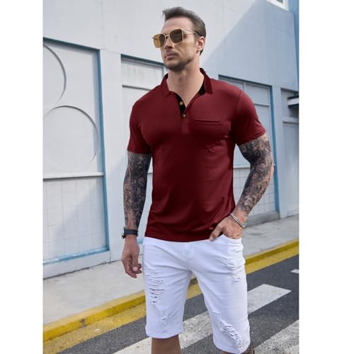Image of Men's Short Sleeve Polo Shirts Buttons Collared T Shirts with Pocket