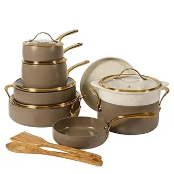 Bloomhouse 15-Piece Ceramic Nonstick Cookware Set with Gold Handles