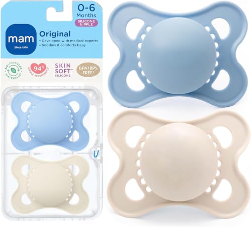 Image of MAM Original Matte Baby Pacifiers, Binky for Boys 0-6 Months, BPA-Free Silicone Nipple, Easy to Clean, Best for Newborn Babies, 2 Count Binkies with Sterilizer Case (Pack of 12)