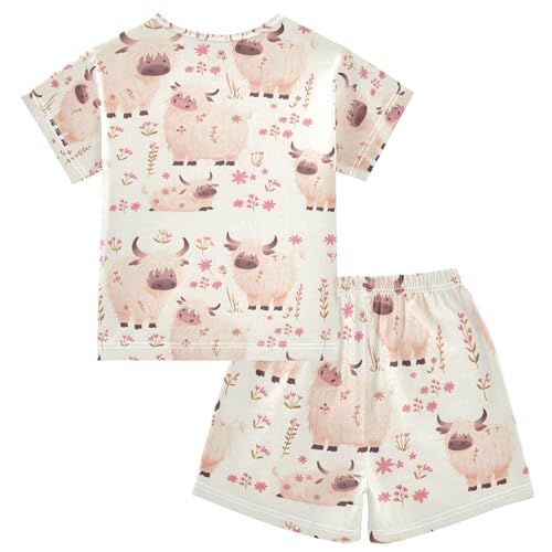 ALAZA Highland Cattle Flower White Pajamas Set Short Sleeve Cotton Sleepwear Summer Pjs 2 Piece 5-14Y2