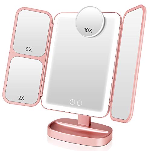 EASEHOLD Espejo de Maquillaje Luminoso LED Batería Recargable Triple Aumentos 2X / 5X / 10X 3 Lighting Effects 66 LED 2800mAh 180° Rotación - Rosa de Oro Cover