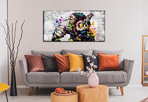 Large Canvas Wall Art Graffiti Gorilla With Headphones Picture For Living Room Bedroom Funny Wall Decor Ready To Hang Size 40" W X 20" H #TOP3