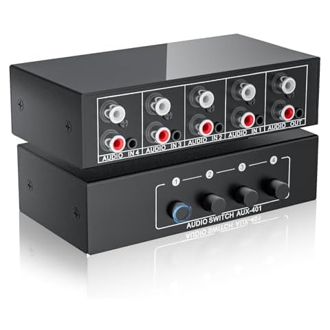 3.5mm Aux + RCA L/R Audio Switch Box 4 in 1 Out Bidirectional, BolAAzuL Stereo Audio Switcher Selector 4X1 Passive a/b Analog Audio Selector No Power Need Cover
