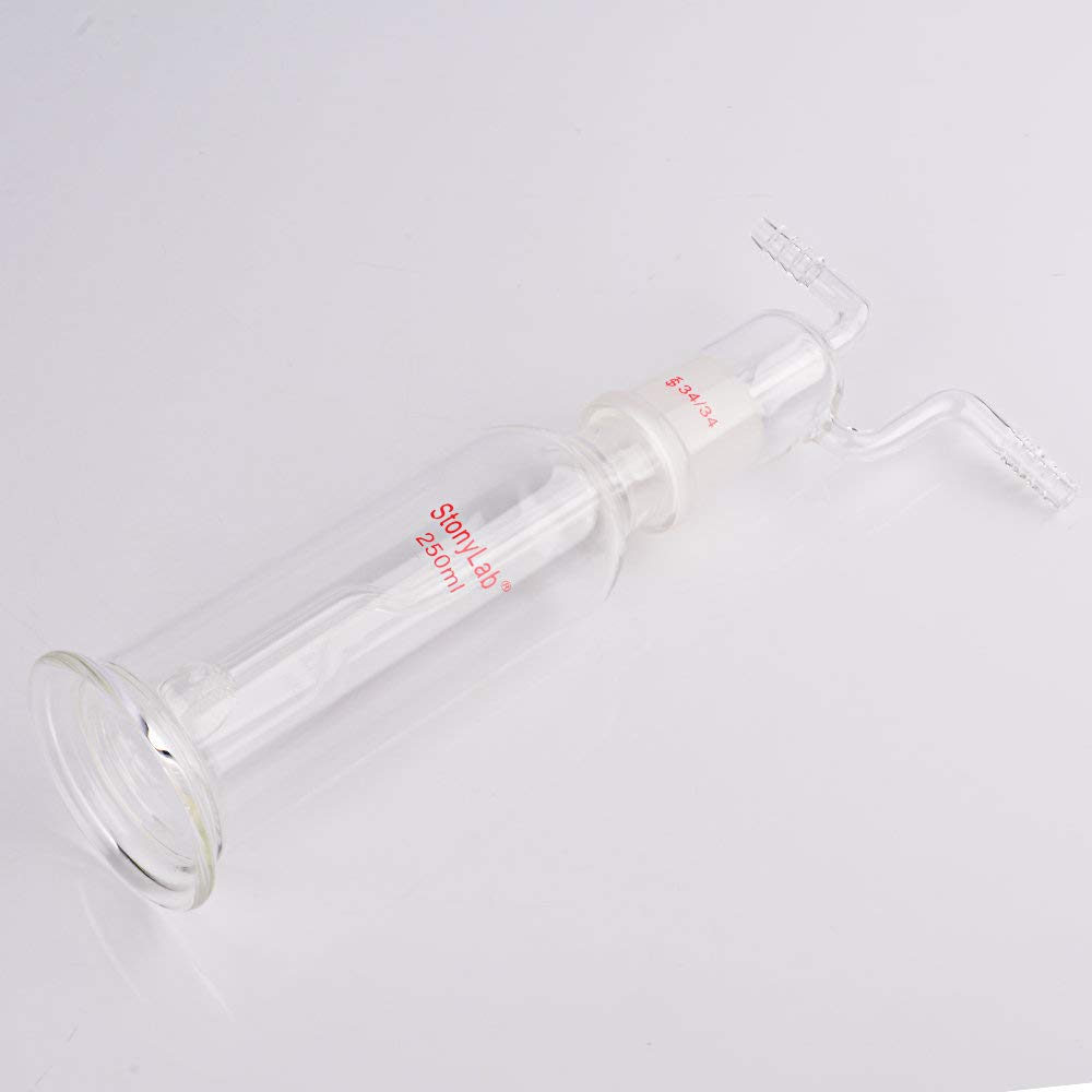 stonylab Botella de Lavado de Gas, Vidrio de Borosilicato Tapón de Gas 34/34 Gas Burbujeador Botella de Lavado con Disco Fritado y Entrada de 8 mm de Diámetro Exterior/Mangueras de Salida, 250 ml