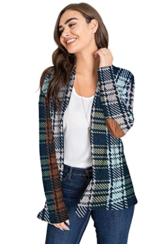 Image of Eloges Women's Multi Stripe Soft Knit Open Cardigan with Suede Elbow Patch