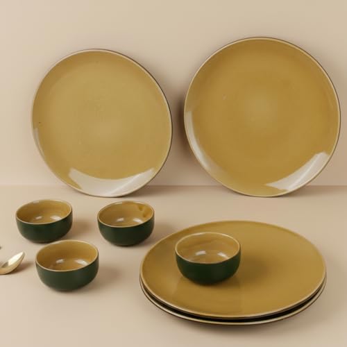 Image of The Earth Store Handcrafted Mustard Novelle 8 Piece Ceramic Dinner Set, 4 Full Dinner Plates, 4 Vegetable Bowls | Microwave & Dishwasher Safe | Ceramic Plate | Katori