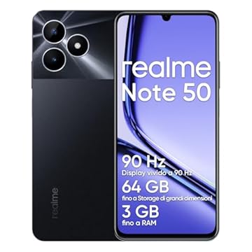 realme Note 50 Smartphone, 4G Cellulare Dual SIM, 3GB RAM 64GB ROM, Display LCD da 6.74", Fotocamera AI da 13MP, Corpo sottile 7,99mm, Batteria di lunga durata da 5.000mAh, Nero (senza adattatore)