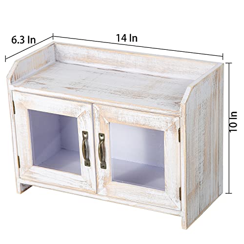Exoliry Rustic White Wood Counter Top Storage Cabinet Organizer Shelf Glass Window Doors Wooden Caddy Kitchen Bathroom Tabletop Vanity Chest Antique Farmhouse Style Mini Closet Box Rack Home #TOP4
