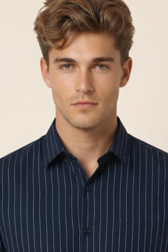 Image of Peter England Men's Slim Fit Full Sleeve Striped Formal Shirt | Cotton Rich | Wonder Fabric | Pin Point Oxford