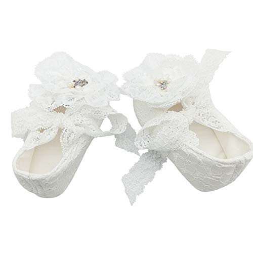 Glamulice White Baby Girl Christening Baptism Flower Lace Shoes Rhinestone Infant First Birthday Holiday Shoes Handmade Dance Ballerina Headband Set Toddler Wedding Princess Party Pageant Shoes 15-18 #TOP6