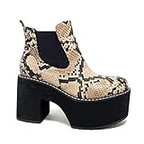  Angkorly - Chaussure Mode Bottine Botte Chelsea Boots Motard Motarde Moto Grosse Plateforme Femme Effet Peau de Serpent Python imprimé Animal élastique Talon Haut Bloc 9.5 CM - Beige - Q-66D T 40