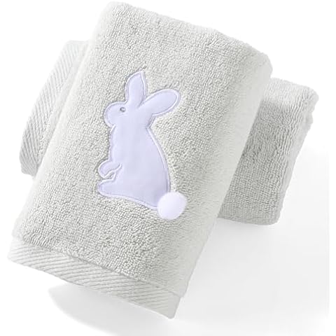 YiLUOMO Rabbit with Hairball Tails Design Green Hand Towel Set of 2 Soft 100% Cotton Absorbent Hand Towels for Bathroom Decorative 13 x 29 Inch Cover
