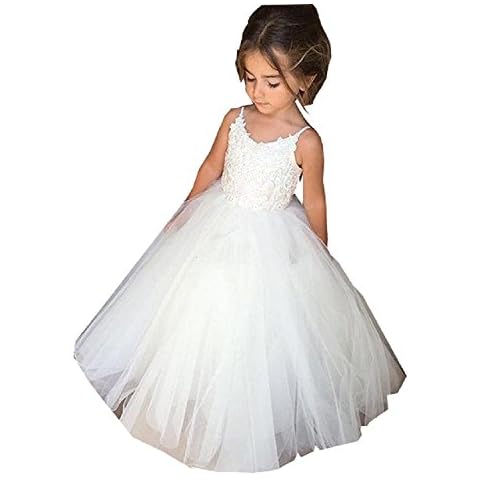 PLwedding Flower Girls Lace Tulle Ball Gowns First Communion Dresses Size 4 White Cover