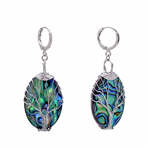 Abalone Shell Tree of Life Dangle Leverback Earrings for Women, Oval Shaped/Iridescent Color