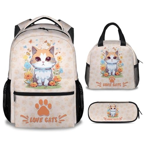 Cat Backpack with Lunch Box and Pencil Case Set, 3 in 1 Matching Teens Orange Backpacks Combo, Cute Bookbag and Pencil Case Bundle