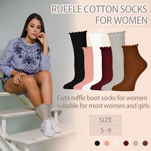 6 Pairs Ruffle Socks for Women Cute Frilly Ankle Socks Solid Color Casual Dress Sock(3 Pairs Long + 3 Pairs Short)3
