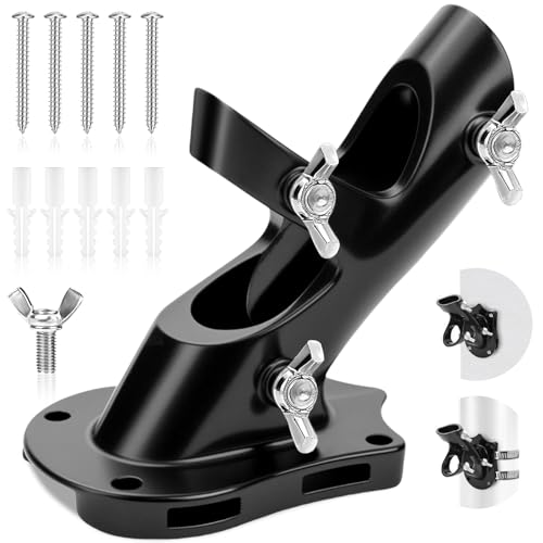 Flag Pole Holder for Outside House, REERON 2-Positions Metal Flagpole Bracket Mounts, 1" Aluminium Rustproof Flag Pole Wall Porch Mounting Brackets with 3 Fixed Holes & Steel Hardwares (Black-1 Pack)