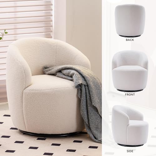 DEKKETO Teddy Swivel Cuddle Chair, Round Accent Tub Armchair with 360° Rotating Metal Base, Comfy Cozy Boucle Chair Sofa Reading Chair for Living Room Bedroom, Ivory - Image 5