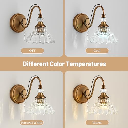 Image of 1 Piece Vintage Wall Sconce, 1-Light Matte Antique Brass Finish Wall Sconce with Hanging Crystal Accents and Flower-Shaped Clear Shades for Bathroom Bedroom Living Room,Vintage Vanity Light