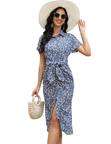 KOJOOIN Damen Kleid Casual Blumen Sommerkleid Hohe Taille Midi-Hemdkleid...