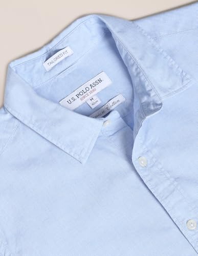 Image of U.S. POLO ASSN. Men's Blue Solid Spread Collar Collared Neck Full Sleeve Casual Cotton Regular Fit Shirt