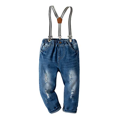Little Kids Elastic Waist Ripped Denim Pants Jeans,Jchen Boy Girl Overall Jeans Little Boys' Straight Fit Denim Pants Kids Suspender Jeans Trousers for 1-6 Years Old