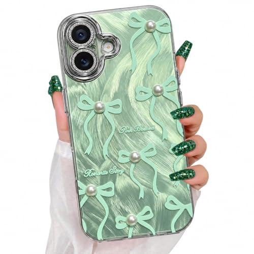 Image of VONZEE Compatible with iPhone 17 Case Luxury Pink Girly Cute 3D Bow Pearl Glitter Bling Case with Full Camera Protection Shockproof PC+TPU Glossy Shiny Cover for Girls Women, Green