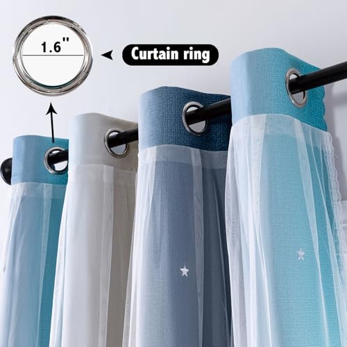 Image of indistar Star Blackout Curtains for Girls Kids Bedroom, Colourful Stripe Window Curtain Panels, 2 Layer Lace Drapes, Room Darkening Curtain for Living Room Decor, 1 Panel(Blue W52 x L63 inch)