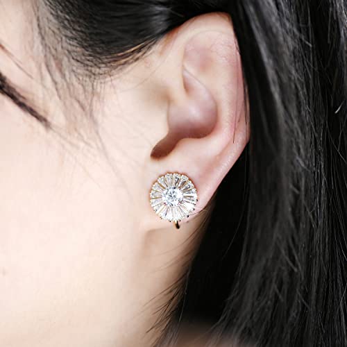 AllenCOCO 14K White Gold Plated CZ Halo Clip On Stud Earrings, Sparkling Round Cubic Zirconia Non Pierced Clip-Earrings For Women Girls2