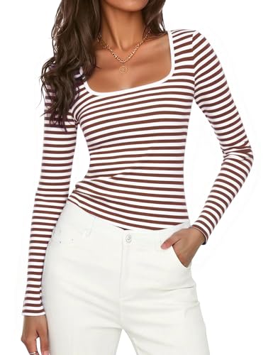 Aottori Langarmshirt Damen Eckiger Ausschnitt Gestreiftes Oberteile Gerippt Stretch Pullover Dünn Slim Fit Basic Tops Elegant T-Shirt Sexy Casual Braun Weiß S