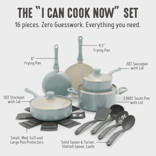 Image of GreenLife 16pc Ceramic Nonstick Pots & Pans Cookware Set, Mint Green | PFAS-Free Nonstick Coating, Stockpot, Frying Pans, Saucepan, Saute, Induction Ready, All Stovetop Compatible, Dishwasher Safe