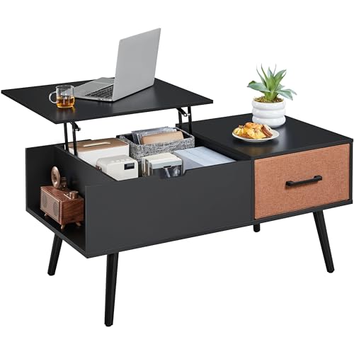 Yaheetech Table Basse à Plateau Relevable, Table de Salon avec Tiroir en Tissu Pliable, Hauteur Réglable avec Compartiment de Rangement Caché pour Salon Bureau Chambre, Noir