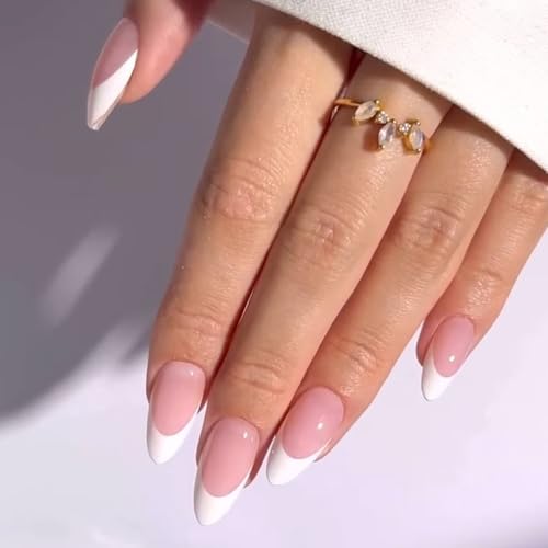 24個の白いフレンチチッププレス爪の短いアーモンド偽ネイルエレガントなアクリルネイルエレガントなフルカバースティックスティック