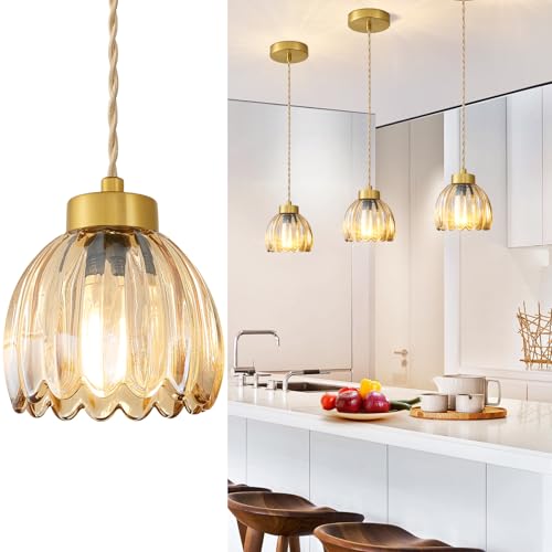 Waikmdv Vintage Pendant Light Fixtures Small Pendant Lighting Amber Glass Hanging Ceiling Light Flower Pendant Lights Kitchen Island for Dining Room Bedroom Living Room Hallway 3 Pack
