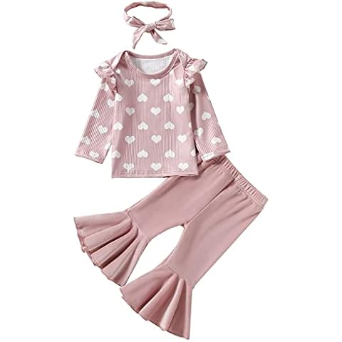 Guodeunh 3PCS Toddler Baby Girl Valentine's Day Outfits Love Heart Rib Long Sleeve Top+Bell Bottom Pants+Headband, Pink Pant, 18-24 Months Cover