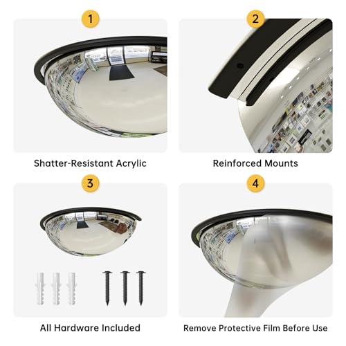 12\" Acrylic Half Dome Convex Traffic Safety Mirror – 180 Degree Driveway & Warehouse Blind Spot Security Mirror for Retail Stores, Parking Garages, Schools, and Hospitals (1, 12 Inch) - Thumbnail 4