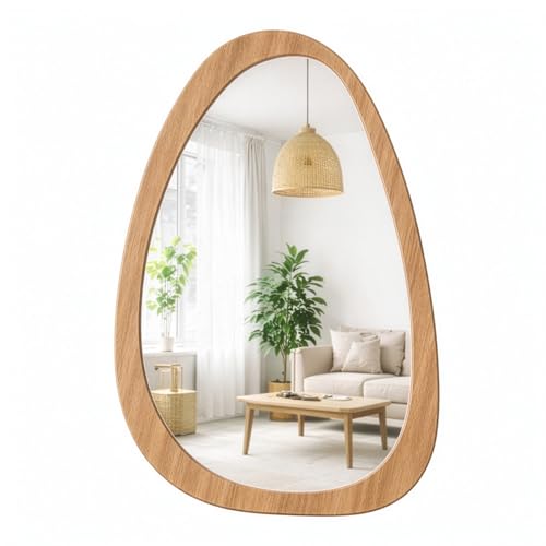 Image of SUNNYNEST Irregular Wall Mirror 60 x 40 cm, Asymmetrical Decorative Hanging Mirror with Brown Wood Grain Frame, Modern Vanity Mirror for Bathroom, Bedroom, Living Room (Natural Colors)