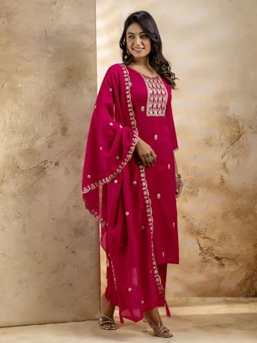 Image of VredeVogel Women's Silk Blend Embroidered Kurta with Pant & Dupatta Set | Modern & Traditional Blend Ethnic Wear | Festive & Casual Outfit