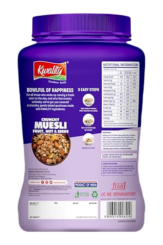 Image of KWALITY Muesli Fruit, Nut & Seeds 900g Jar, 87% Multi Grains, No Maida, Natural Source Of Vitamin & Iron, High In Protein & Fiber, Low Fat & Cholesterol, Healthy Breakfast Cereal