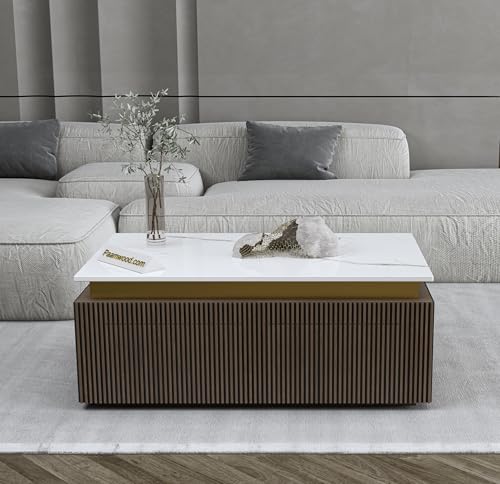 Image of Luxury Marble-Top Wooden Center Table for Living Room | Louvers | Modern Entryway Furniture | Coffee Table (24 inchX42 inchX17 inch)