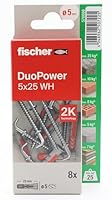 fischer Duopower 5 x 25 mm mit Haken – 8U, Wanddübel aus mehreren Materialien, geeignet zum Aufhängen von Fahrrädern, Bildern, Schränken, Fernsehern, Regalen, Möbeln.