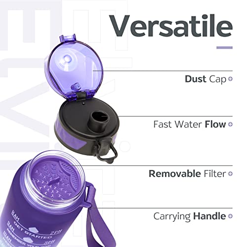 Elvira 32Oz Motivational Fitness Sports Water Bottle With Time Marker & Removable Strainer,Fast Flow,Flip Top Leakproof Durable Bpa Free Non-Toxic-Grape/Green Gradient, Tritan #TOP2