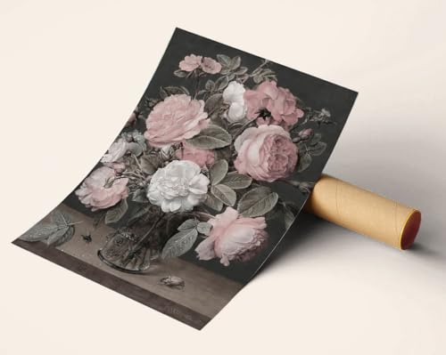Vintage Oil Painting Poster of Victorian Still Life Flower Pink
