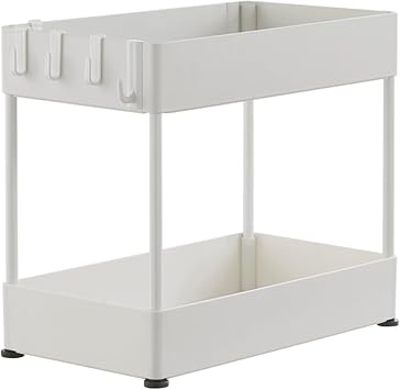 Countertop Storage Rack with Hooks, Multi-Functional Storage Organization Floor Movable Trolley, Living Room Bathroom Kitchen Supplies Storage BasketSize2 Layers,ColorWhite