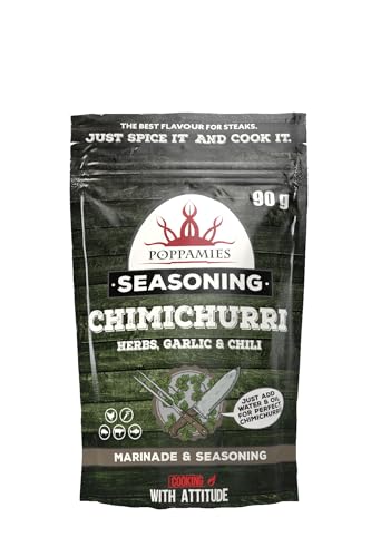 POPPAMIES Poppamies Sazonador Chimichurri BBQ, Marinado seco y condimento BBQ Perfecto para Pescado, Verduras, Pollo, Cerdo y Carne de Res - Paquete Grande (90g)