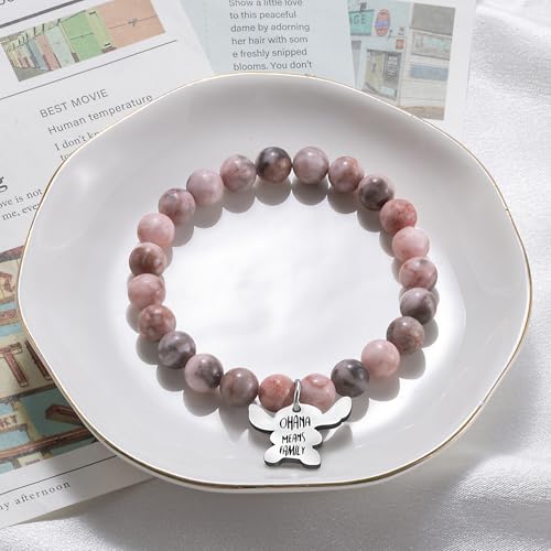Image of LINY Inspirational Gifts for Women, Natural Stone Beads Stretch Stitch Bracelet Charm Jewelry Ohana Means Family Gifts Stitch Stuff for Women Love, Mom, Daughter, Niece, Sister