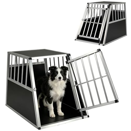 GYMAX Hundebox Auto, Transportbox Hund mit Sicherheitsverschluss, leicht & stabil, Alu Hundetransportbox für Kofferraum, Rückbank & Zuhause (91 x 65 x 69,5 cm)
