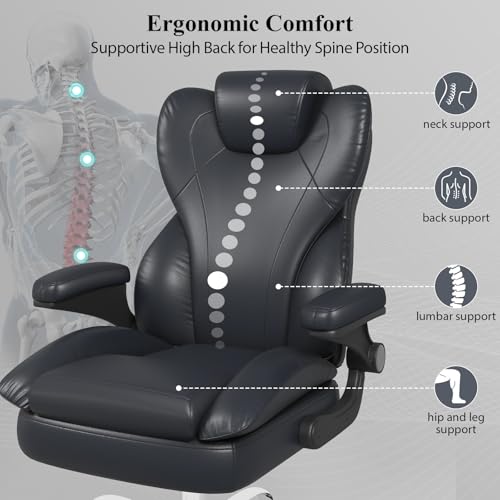 Office Desk Chair, Executive Leather Office Chair, High Back Ergonomic Home Desk Chair with Padded Flip-up Arms, Big and Tall Computer Chair with Rocking Function, 360°Swivel Free, Black - Image 5