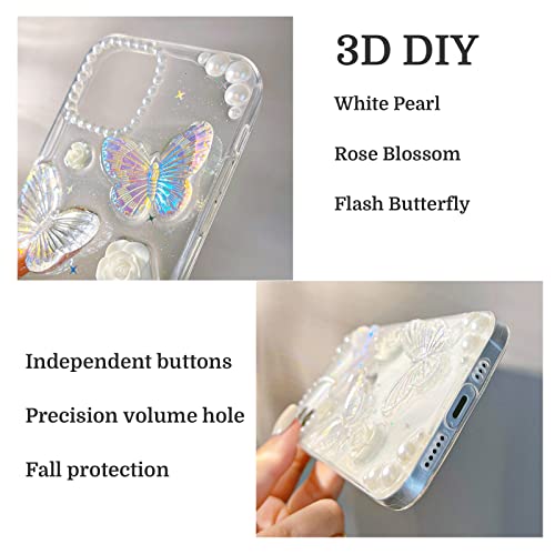 Zxcdino Compatible With Iphone 8/7/Se/Se2 3D Kawaii Sticker Butterfly Floral Rose Pearl Design Aesthetic Women Cute Girly Glitter Pretty Crystal Sparkly Star Phone Cases Protective Cover+Lanyard #TOP1